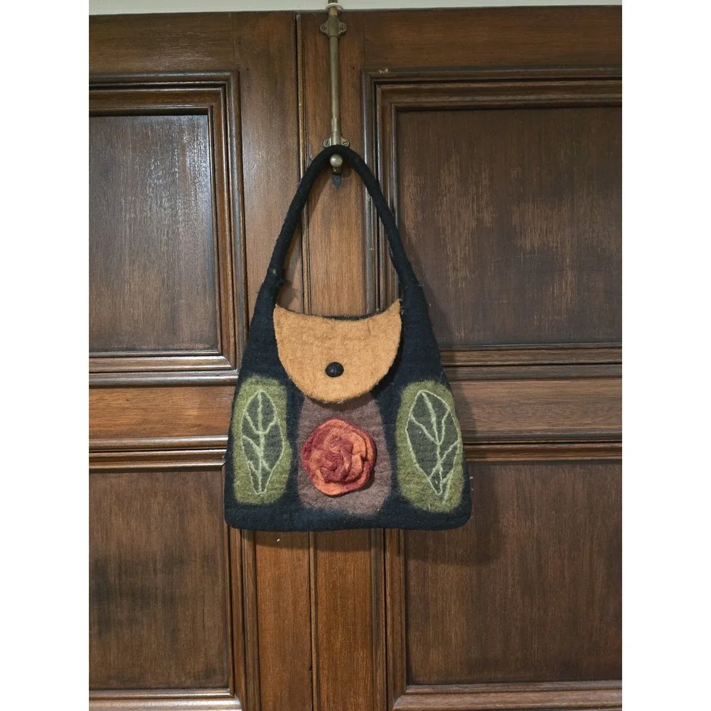 Rising‎ Tide Felted Wool Purse Boho Shoulder Bag Floral Black , Browns & Greens.